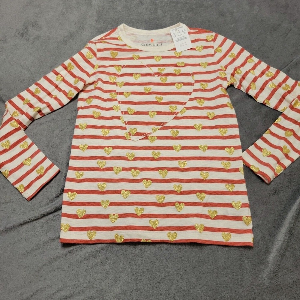 Crewcuts Shirt Girl Medium White Red Long Sleeve Stripe Star Comfort Stretch 8/9